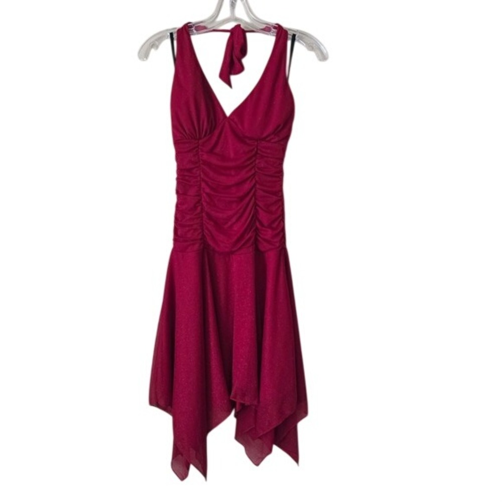 Ruby Rox Vtg Red Glitter Halter Handkerchief Hem Ruched Cocktail‎ Dress Size M